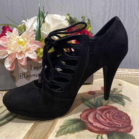 Impo Pageant Faux Suede Cut Out Lace Up Platform Heels Black Sz 8.5 - Picture 6 of 16